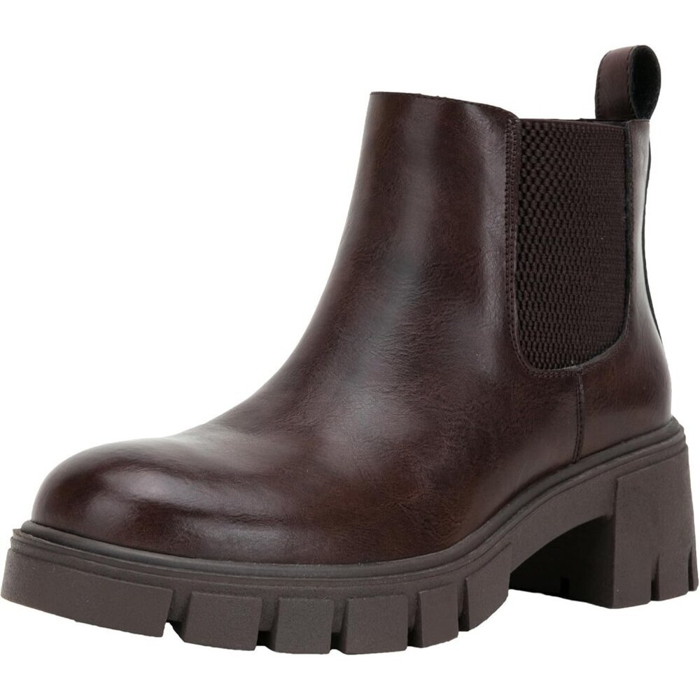 Vepose Women's Brown Faux Chelsea Leather Lug Sole Elastic Slip on Ankle Booties